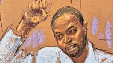 Court sketch of Deonte Nash testifying in court. He has his hand raised above his head and is wearing a light-coloured suit jacket.
