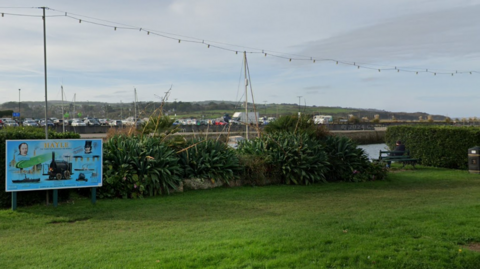 Generic Google image of Hayle in Cornwall. A blue sign, which reads Hayle, is on a grass area. 