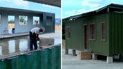 Split screen. Left, man building a home. Right, a home almost completed.