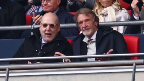 Avram Glazer, Majority Owner of Manchester United and Jim Ratcliffe, Minority Shareholder of Manchester United look on during the Emirates FA Cup Semi Final match between Coventry City and Manchester United at Wembley Stadium on April 21, 2024