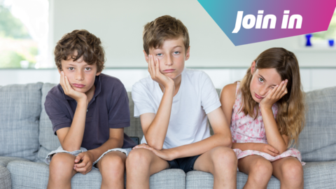 three kids sitting on the sofa looking bored at the camera, in the corner there's a badge that reads 'join in'