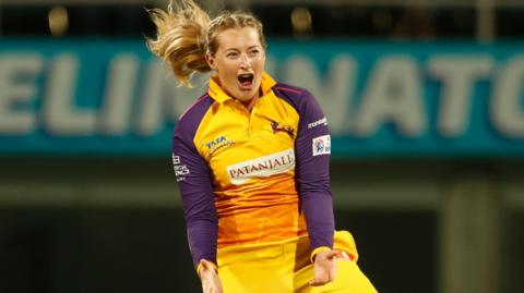 England's Sophie Ecclestone celebrates taking a wicket for UP Warriorz in the Women's Premier League