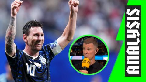Lionel Messi celebrating Argentina's win against England in the World Cup semi-finals