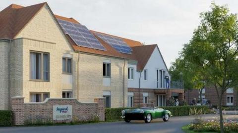 An artist's impression showing a short row of houses in pale brick and with solar panels on the roof, with a person seen standing on a balcony with a glass railing. There is a vintage car with its roof down parked on the street and an Inspired Villages sign on a low brick wall.