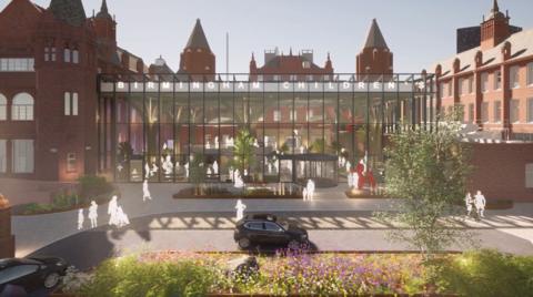 A CGI image of the proposed outside of the hospital which includes a glass front, water fountains and plants