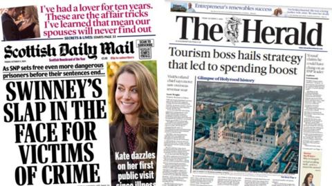 A combination of two newspaper front pages: the Scottish Daily Mail with the headline "Swinney's slap in the face for victims of crime" and the Herald with the headline "Tourism boss hails strategy that led to spending boost"