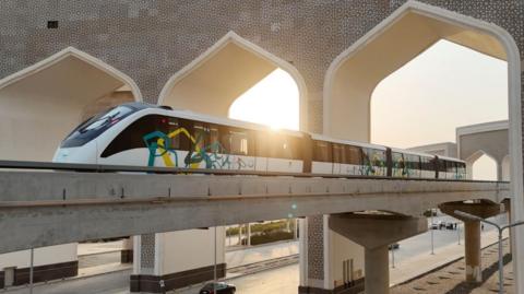 Monorail train driving on a track in Cairo in Egypt