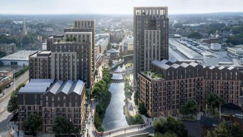 CGI image of the planned apartment blocks either side of the River Kennet