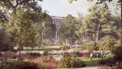 An artist's impression of an urban square with colourful plants and mature trees. Some buildings are visible in the background and children are playing on the right of the image. 