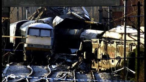 The scene at Great Heck near Selby, North Yorkshire where rescue workers were recovering bodies from the tangled wreckage of the train disaster.