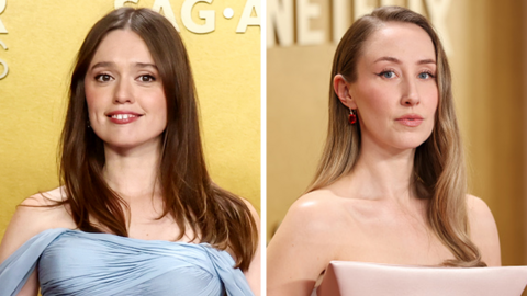 Aimee Lou Wood (in blue strapless dress) and Erin Doherty (in nude-coloured strapless dress) on red carpets