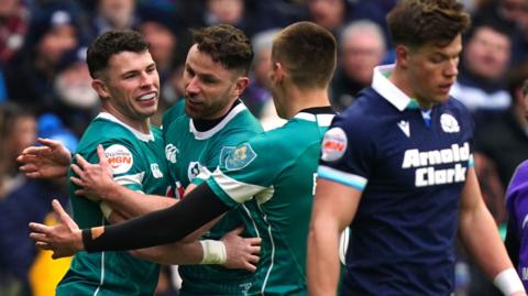 Ireland celebrate scoring against Scotland