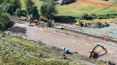 An aerial view of a railway embankment. There are people in high-vis uniforms standing on the tracks, with diggers on the line and both embankments. 