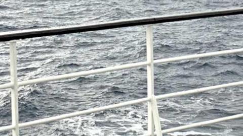 A view of the sea through the railings of a ship.