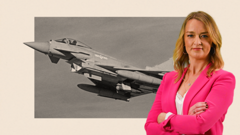 A treated image of a British Royal Air Force Eurofighter Typhoon with a image of the journalist alongside it
