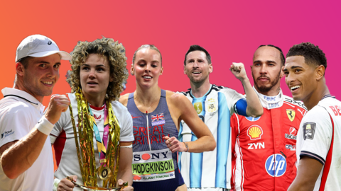 Collection of sports stars from left to right - Arthur Fery, Ellie Kildunne, Keely Hodgkinson, Lionel Messi, Lewis Hamilton, and Jude Bellingham.