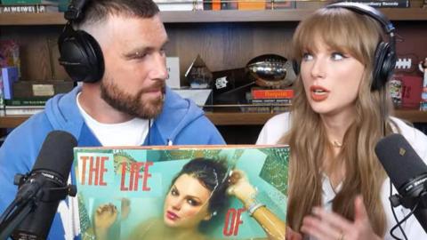 Taylor Swift, right, with Travis Kelce on his podcast - they are wearing headphones and have microphones in front of them. Travis is holding up Taylor's new album 