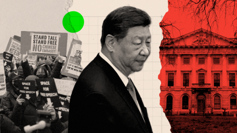 A collage image of the Royal Mint, and embassy protests and Xi Jinping
