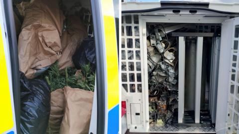Two images side-by-side that show bags full of cannabis in a police van on the left, and electrical equipment and wires in the back of a police van on the right