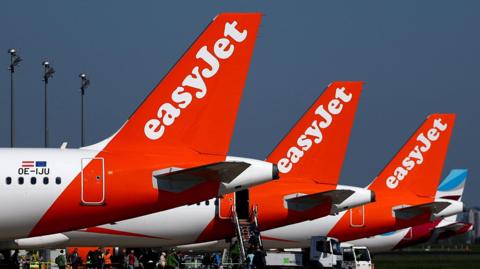 Three tail fins of EasyJet planes lined up at an airport