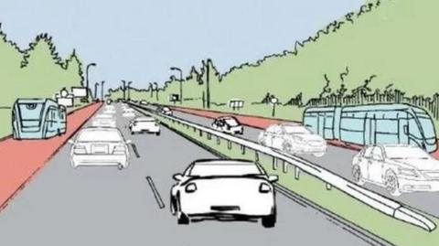 Cartoon drawing of a mapped out bus lane on a road 