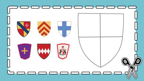 Templates for shields, six colourful example designs and a blank for a child to design.
