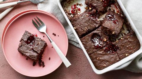 Microwave chocolate, peanut butter and jam brownies