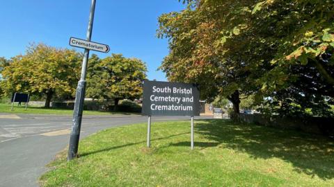 The front entrance to South Bristol Cemetary and Crematorium on a sunny day