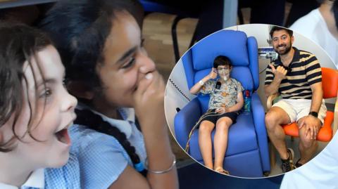 Children reacting with shock and a screengrab cut out of Ejran sat with Ricky. 