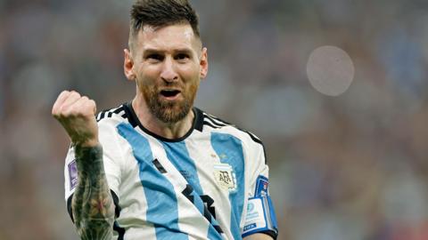 Lionel Messi of Argentina celebrates scoring the third goal during the FIFA World Cup 2022 Final.