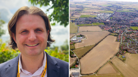 A composite image shows a man with ear-length hair smiling towards the camera and on the right an aerial image of farm land located next to the town of North Walsham