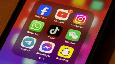 A close up image of an iPhone screen showing a number of social media app icons, including Facebook, YouTube, Instagram, WhatsApp, TikTok, WeChat, Telegram, Messenger and Snapchat.