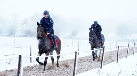 Two horses gallop with riders along a muddy path dusted with snow with heavier snow on either side. A fence is on either side of the path. The riders wear blue fleeces and helmets