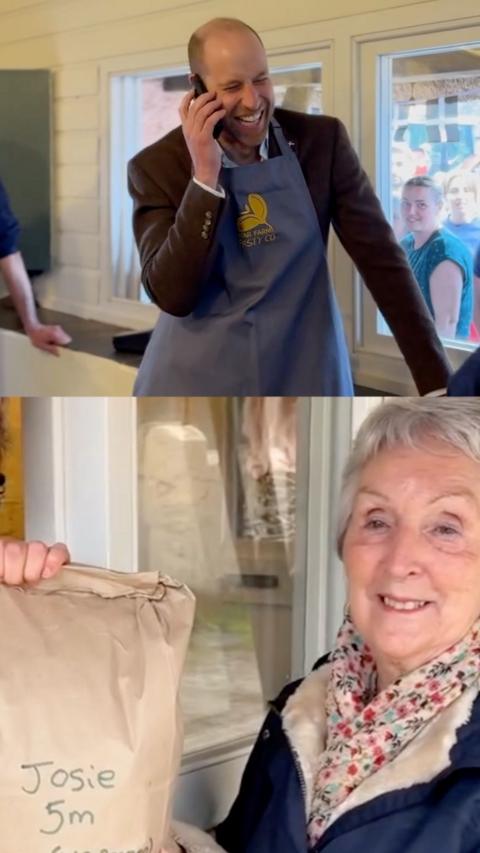 A composite image. The top image is a picture of Prince William, wearing a suit and apron. He is holding the phone up to his ear and smiling. The below image is a woman holding a brown paper bag. 