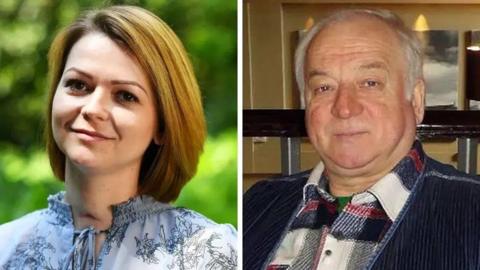 A photo of Yulia Skripal on the left, where she is wearing a light grey floral pattern blouse. A photo of Sergei Skripal on the right, wearing a checked shirt and jacket