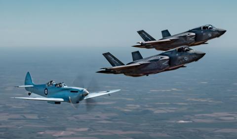 The replica K5054 is joined by two F35 Lightning IIs from RAF Marham