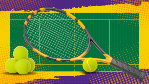 A graphic of a racquet and tennis balls against a green court