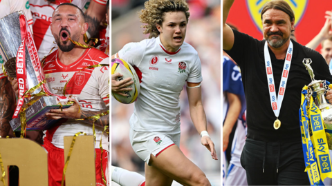 Three images side by side. From left to right; Elliott Minnchella of Hull KR holds the Grand Final trophy, England's Ellie Kildunne runs in a try in the World Cup final and Leeds United manager Daniel Farke celebrates winning the Championship title