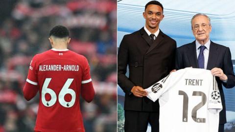Alexander-Arnold (left) wearing number 66 and (right) holding up 12