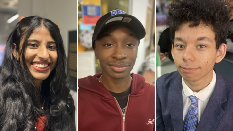 A composite of three photos of young people. All three are looking into the camera. One is a young woman with long black hair, another is a young man in a hoodie and cap and the third is a young man in a blue suit and blue patterned tie. 