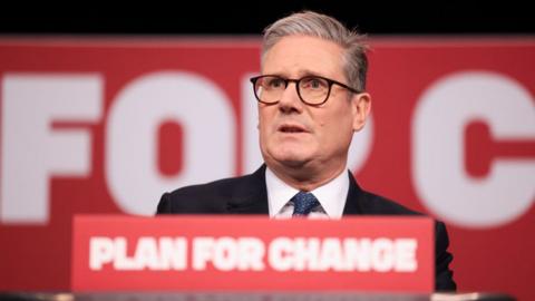 Keir Starmer, UK prime minister, during his 'Plan for Change' speech at Pinewood Studios in Iver Heath, UK