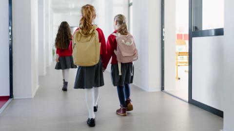 Two schoolgirls in uniform walking down a school corridor with classmates, rear view.