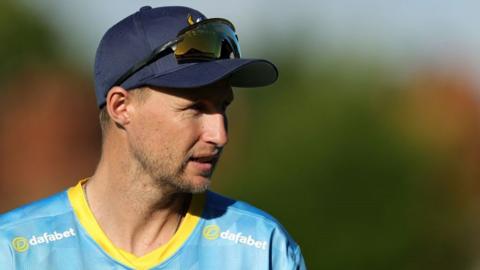 Joe Root of the Yorkshire Vikings looks on during the T20 Vitality Blast match between Northamptonshire Steelbacks and Yorkshire Vikings at The County Ground