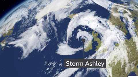 91ȱ Weather graphic showing satellite swirl of cloud associated with Storm Ashley, centred just to the north west of the Republic of Ireland