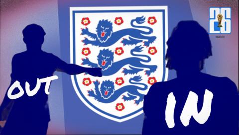 England three lions crest with two player silhouettes with the words out and in. 