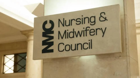 A marble block with the words Nursing and Midwifery Council written on it in black.
