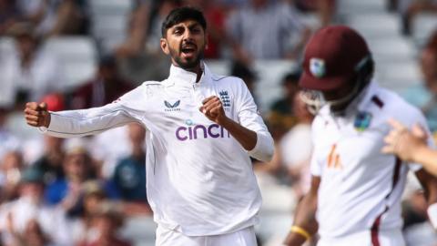 England's Shoaib Bashir celebrates a wicket