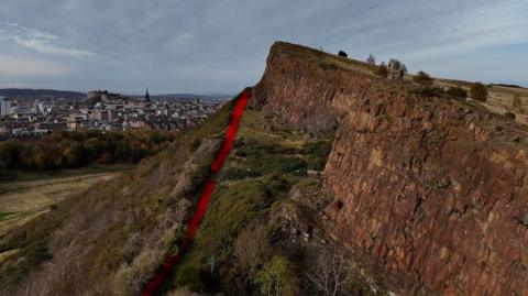 Salisbury Crags with the Radical Road highlighted in red