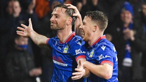 Matthew Fitzpatrick celebrates scoring Linfield's second goal at Seaview
