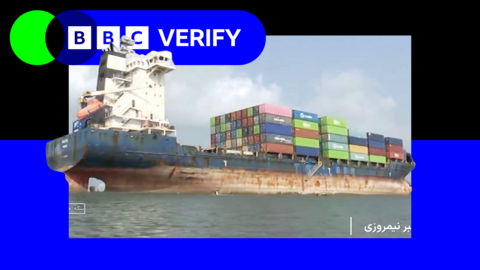 A composite graphic showing a cargo ship next to the BBC Verify logo.